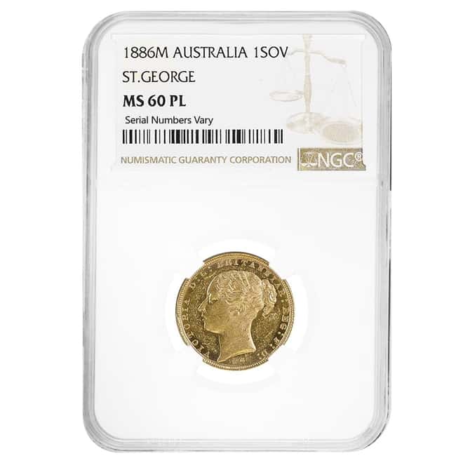 1886 M Australia Gold Sovereign Victoria Young Head St. George NGC MS 60 PL