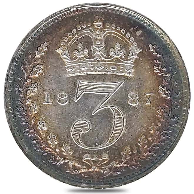1887 Great Britain 3 Pence Victoria Silver Coin AU