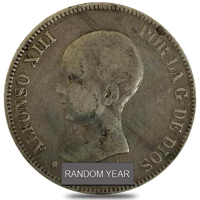 1888-1892 Spain 5 Pesetas Alfonso XIII Silver Coin Circ ASW .7234 oz (Random Year)