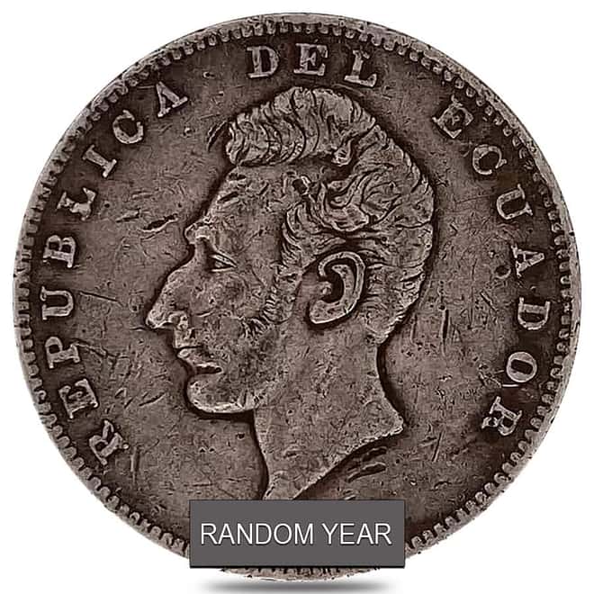 1890-1897 Ecuador 1 Sucre Silver Coin Avg Circ ASW .7234 oz (Random Year)