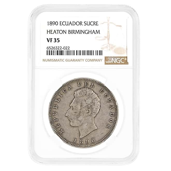 1890 Ecuador 1 Sucre Heaton Birmingham Silver Coin NGC VF 35