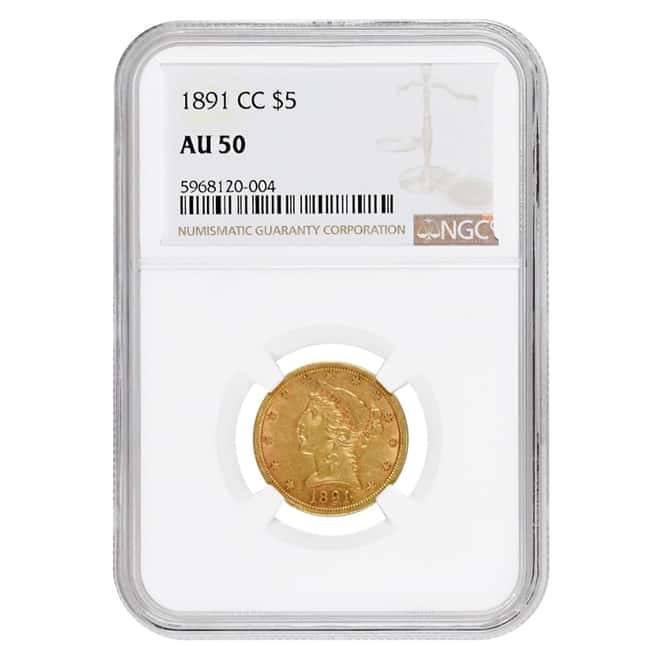 1891 CC $5 Liberty Head Half Gold Eagle Coin NGC AU 50