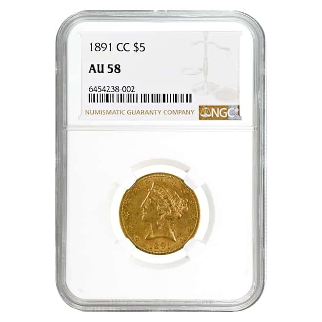 1891 CC $5 Liberty Head Half Gold Eagle Coin NGC AU 58