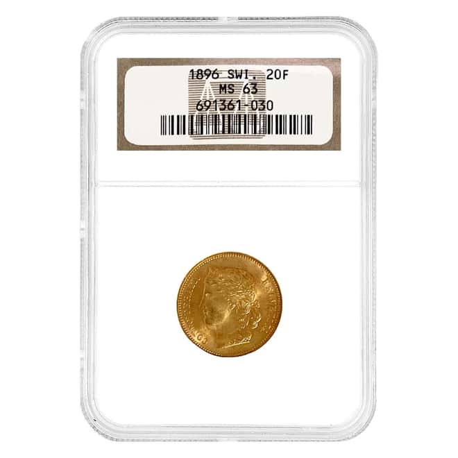 1896 Switzerland 20 Francs Helvetica Gold Coin NGC MS 63