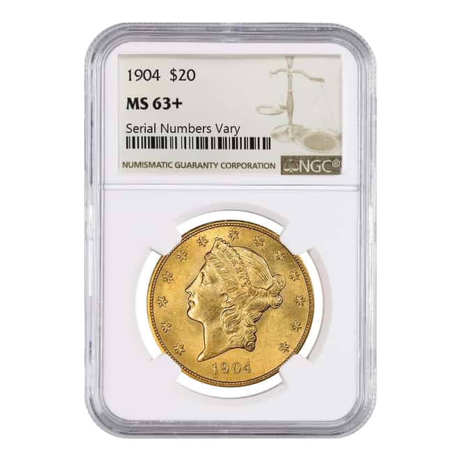 1904 $20 Liberty Head Gold Double Eagle Coin NGC MS 63+