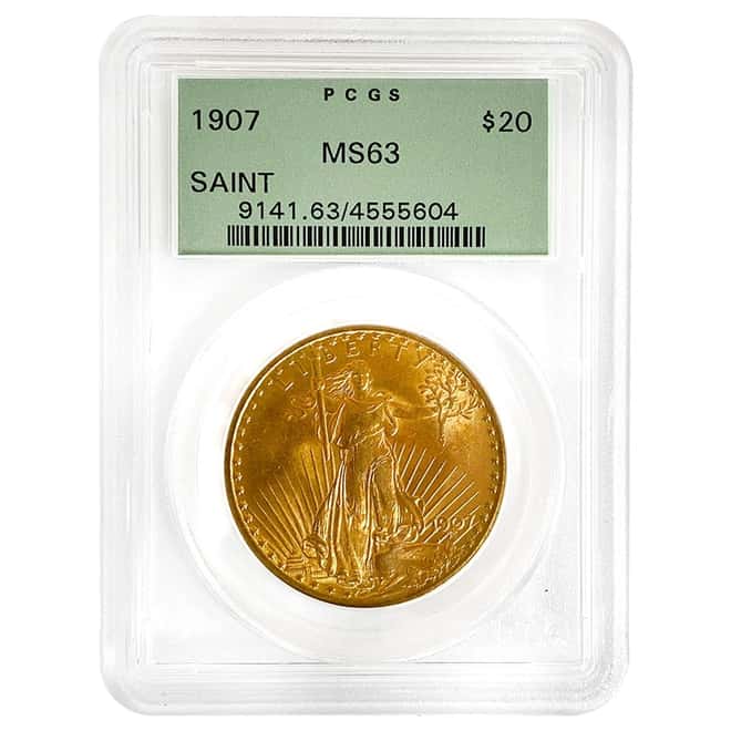 1907 $20 Gold Saint Gaudens Double Eagle Coin PCGS MS 63
