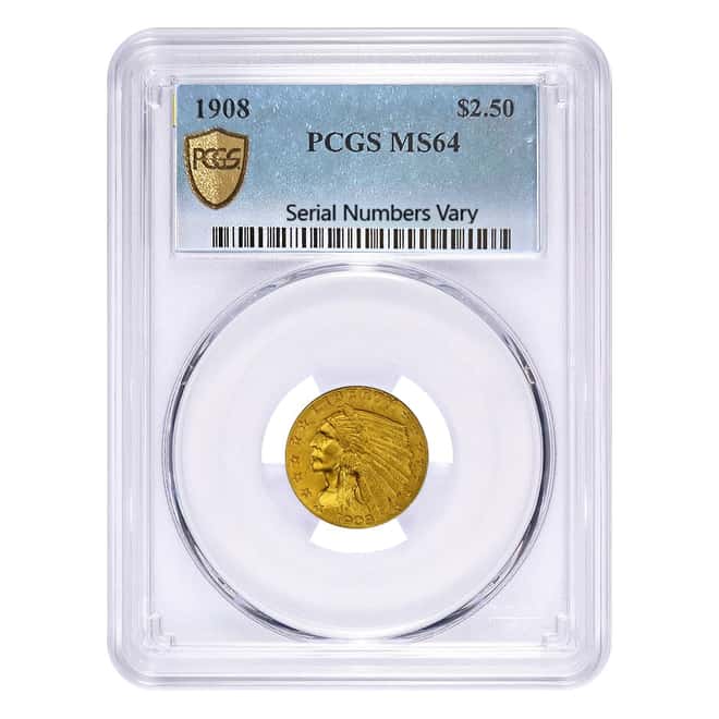 1908 $2.5 Indian Head Quarter Eagle Gold Coin PCGS MS 64