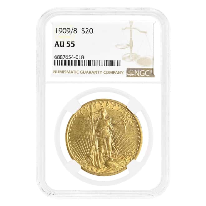 1909/8 $20 Gold Saint Gaudens Double Eagle Coin NGC AU 55