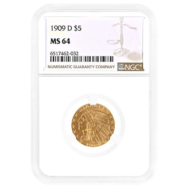 1909 D $5 Gold Half Eagle Indian Head NGC MS 64