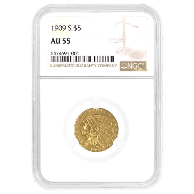 1909 S $5 Indian Head Half Eagle Gold Coin NGC AU 55