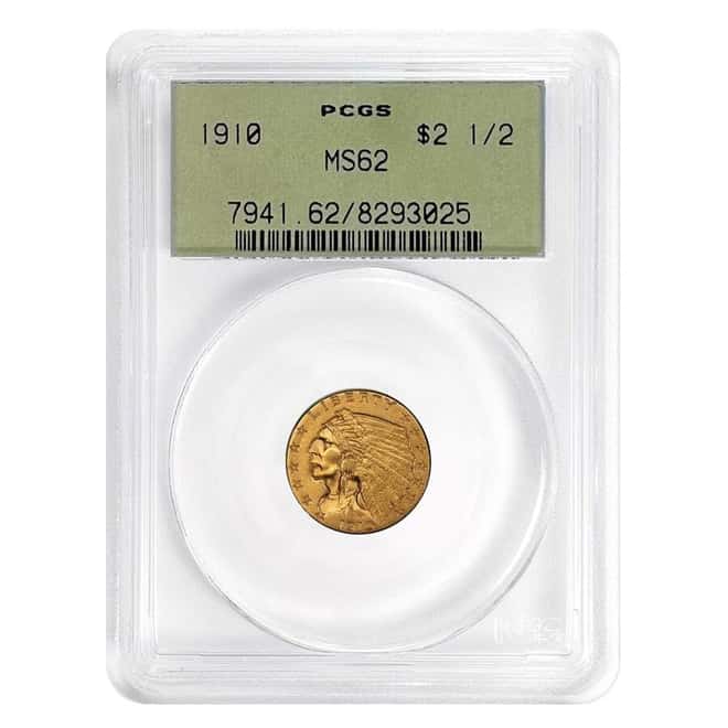 1910 $2.5 Indian Head Quarter Eagle Gold Coin PCGS MS 62