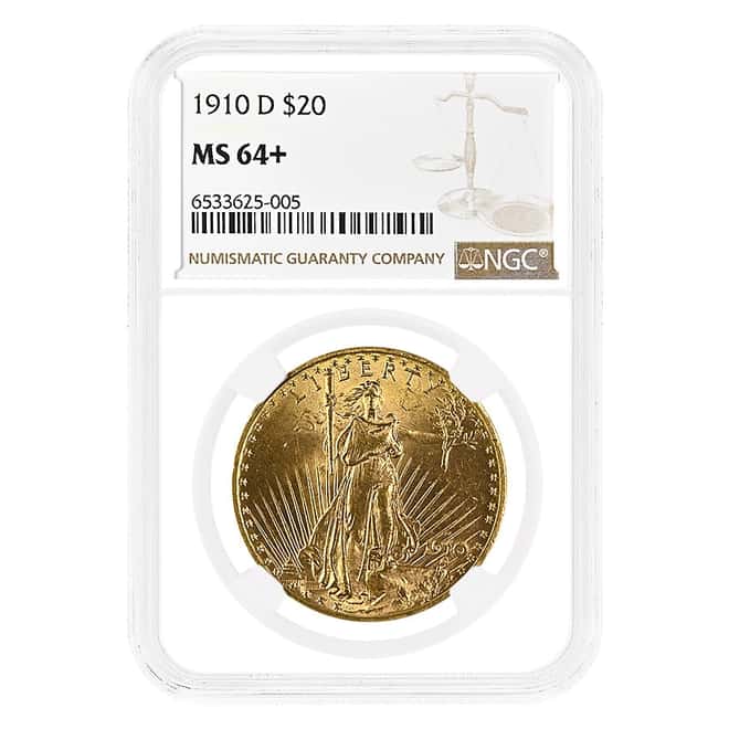 1910-D $20 Gold Saint Gaudens Double Eagle Coin NGC MS 64+