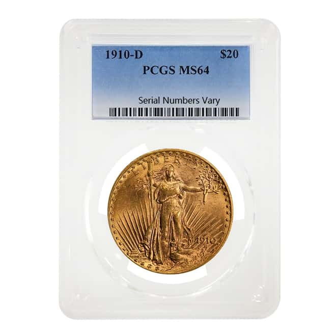 1910-D $20 Gold Saint Gaudens Double Eagle Coin PCGS MS 64