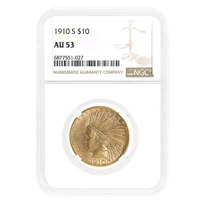 1910-S $10 Indian Head Gold Eagle Coin NGC AU 53