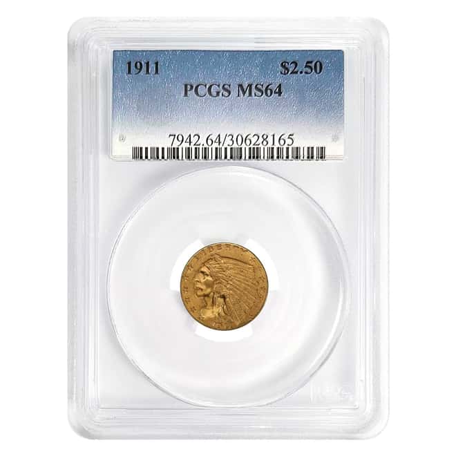 1911 $2.5 Indian Head Quarter Eagle Gold Coin PCGS MS 64