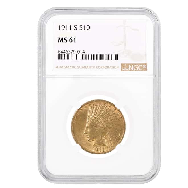 1911-S $10 Gold Eagle Indian Head Coin NGC MS 61