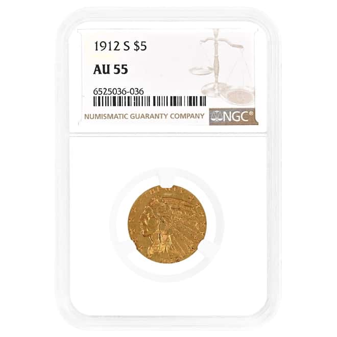 1912-S $5 Indian Head Half Eagle Gold Coin NGC AU 55