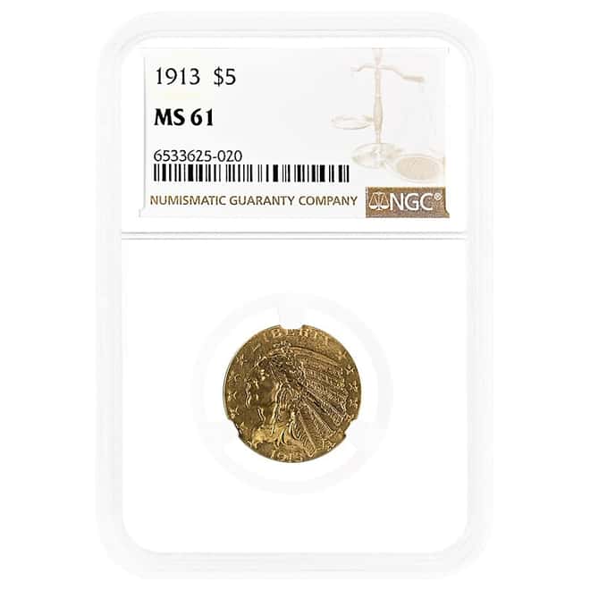 1913 $5 Indian Head Half Eagle Gold Coin NGC MS 61