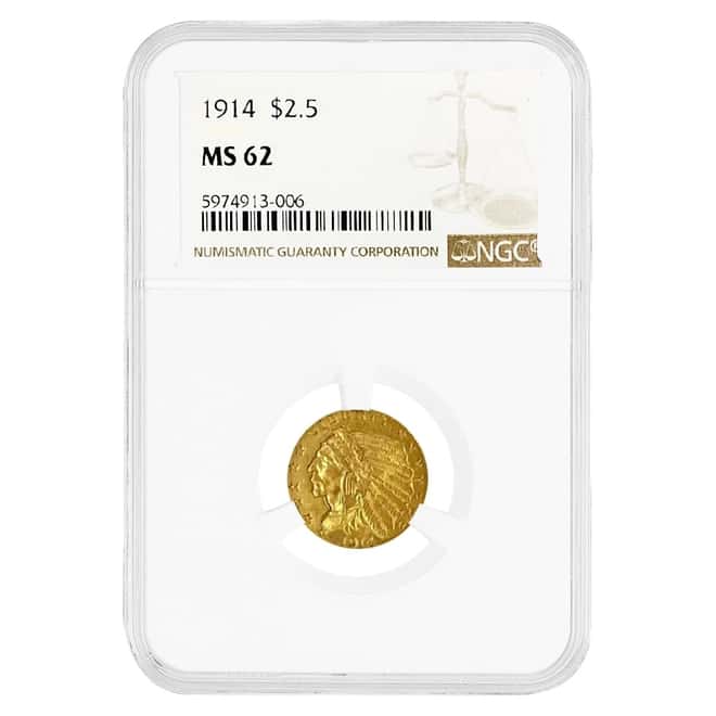 1914 $2.5 Indian Head Gold Quarter Eagle Coin NGC MS 62