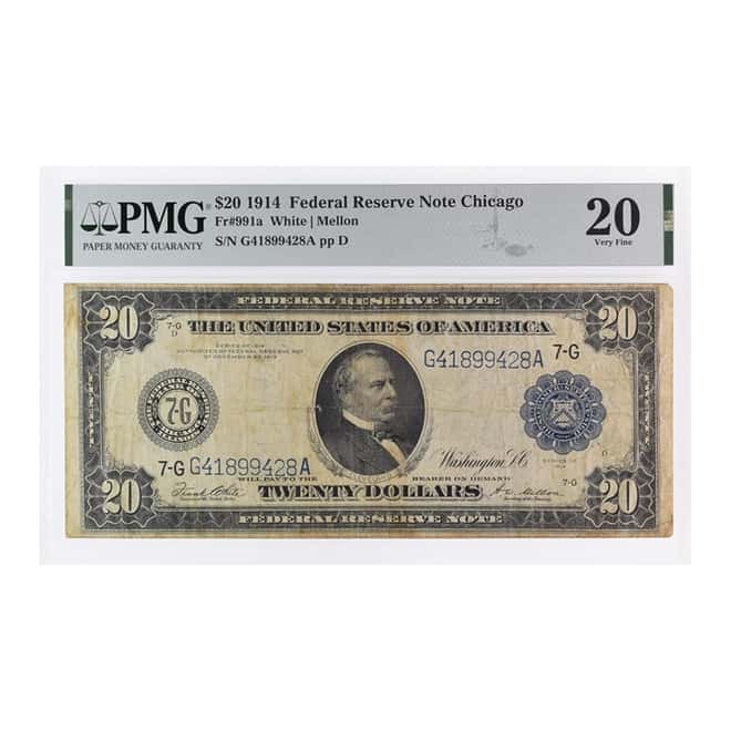 1914 $20 Federal Reserve Currency Note Chicago PMG VF 20 (Stained)