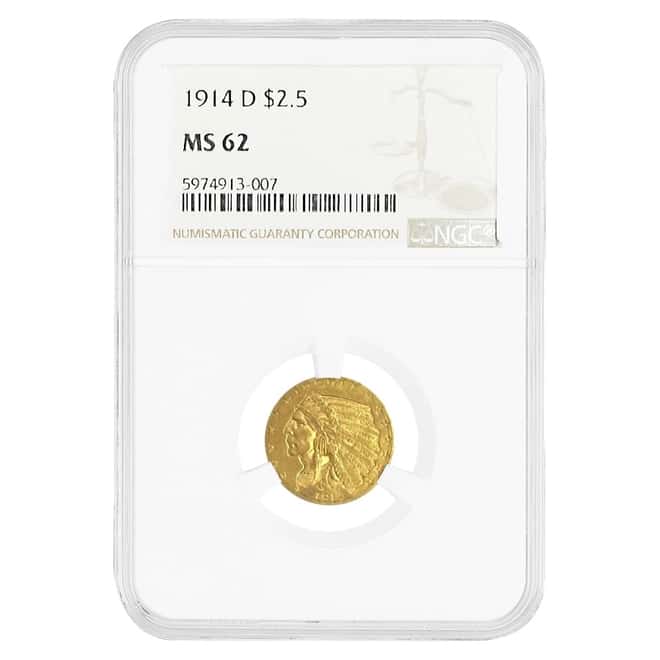1914 D $2.5 Indian Head Gold Quarter Eagle Coin NGC MS 62