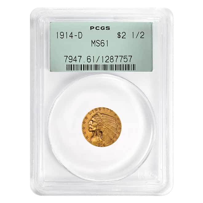 1914-D $2.5 Indian Head Quarter Eagle Gold Coin PCGS MS 61
