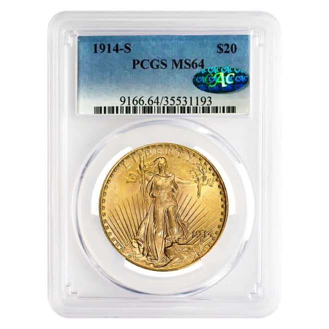 1914 S $20 Gold Saint Gaudens Double Eagle Coin PCGS MS 64 CAC
