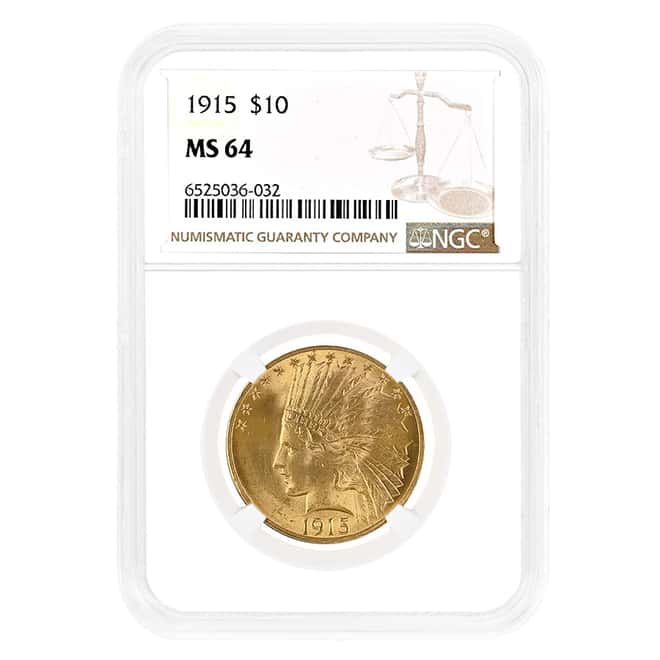 1915 $10 Indian Head Gold Eagle Coin NGC MS 64
