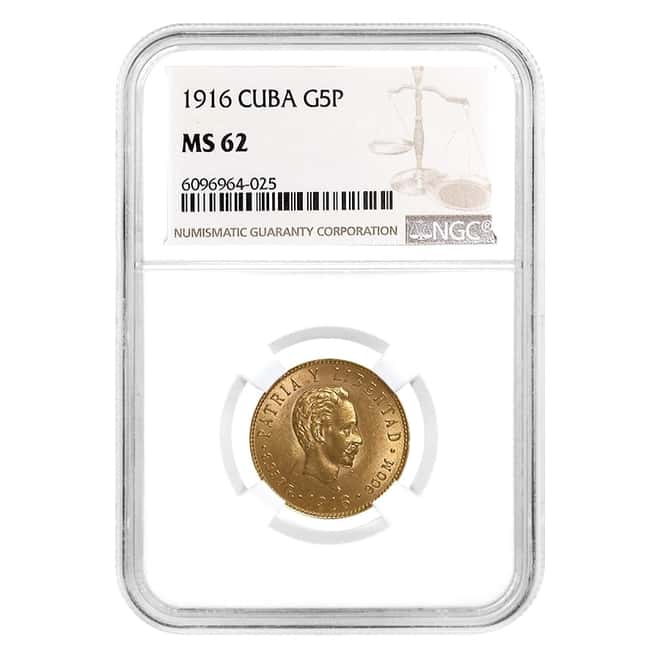 1916 5 Pesos Jose Marti Gold Coin NGC MS 62