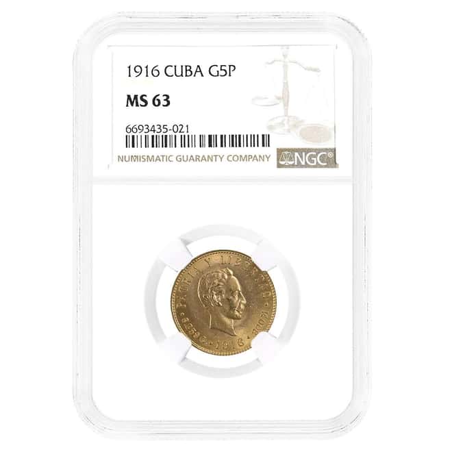 1916 5 Pesos Jose Marti Gold Coin NGC MS 63