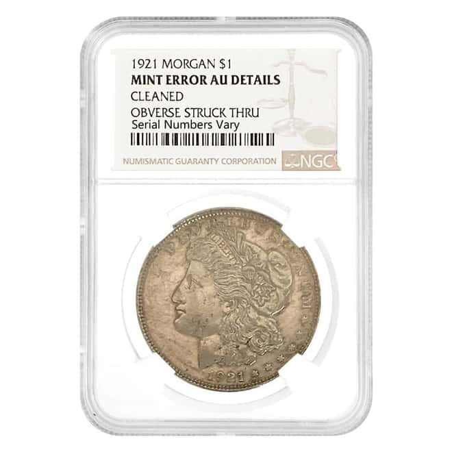 1921 Morgan Silver Dollar $1 NGC AU Details Mint Error (Obv Struck Thru)