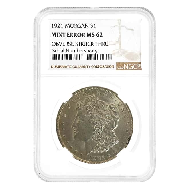 1921 Morgan Silver Dollar $1 NGC MS 62 Mint Error (Obv Struck Thru)