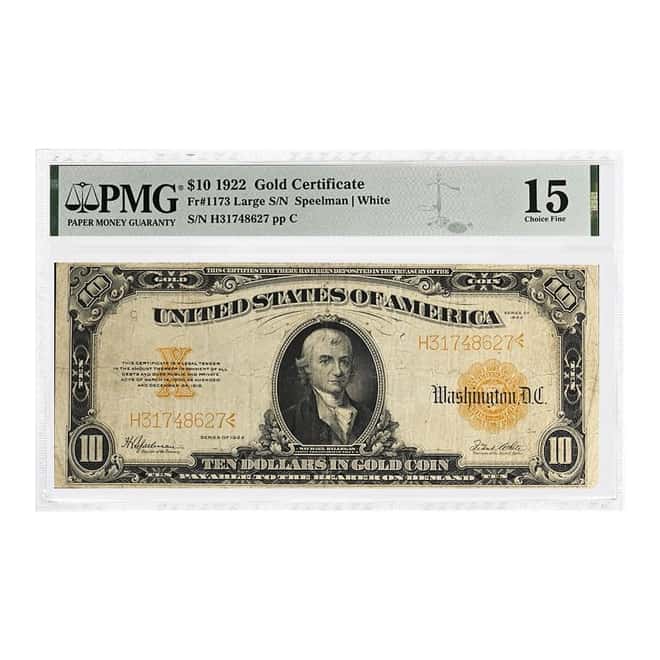 1922 $10 Gold Certificate Currency Note Speelman White PMG F 15
