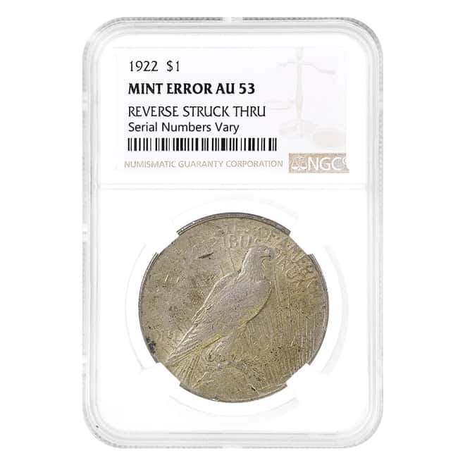 1922 Peace Silver Dollar $1 NGC AU 53 Mint Error (Rev Struck Thru)