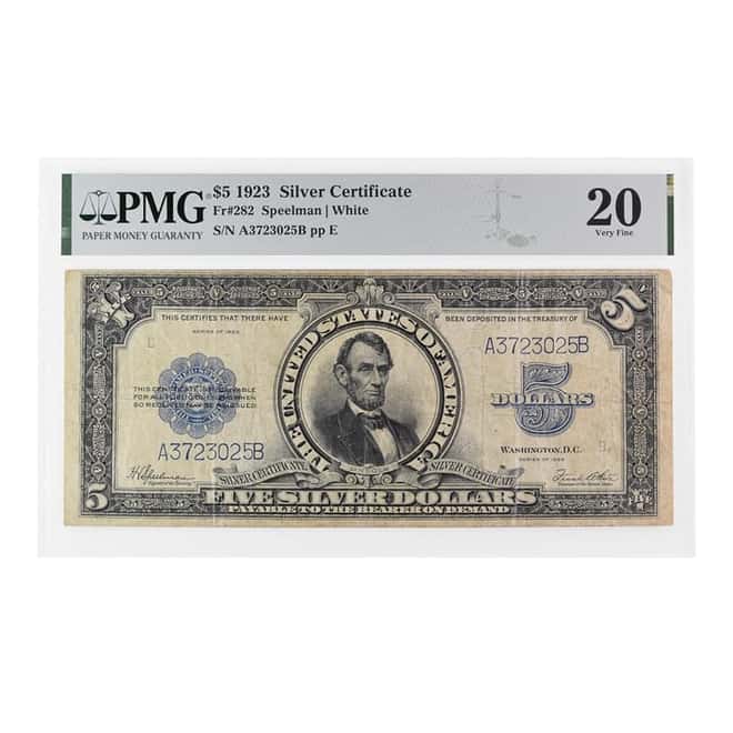 1923 $5 Silver Certificate Currency Note Speelman White PMG VF 20