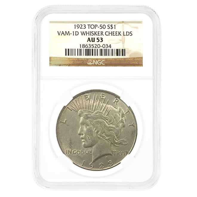 1923 Peace Silver Dollar $1 VAM 1D Whisker Cheek LDS NGC AU 53