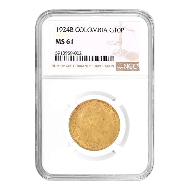 1924 B Colombia 10 Pesos Gold Coin NGC MS 61