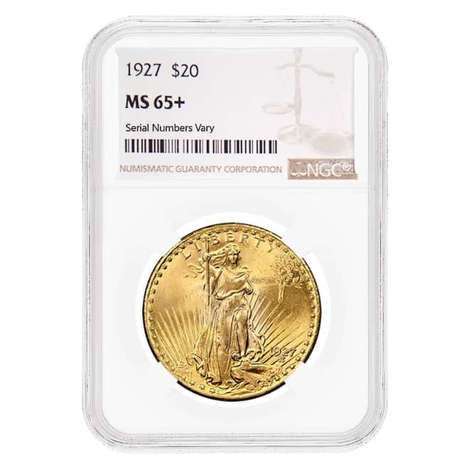 1927 $20 Gold Saint Gaudens Double Eagle Coin NGC MS 65+