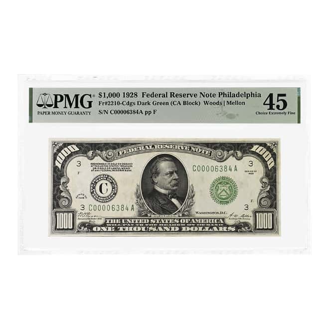 1928 $1000 Federal Reserve Currency Note Philadelphia PMG XF 45 (Annotation)