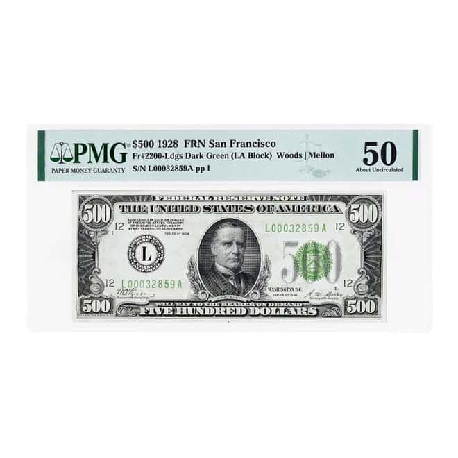 1928 $500 Federal Reserve Currency Note San Francisco PMG AU 50 (Small Tear)