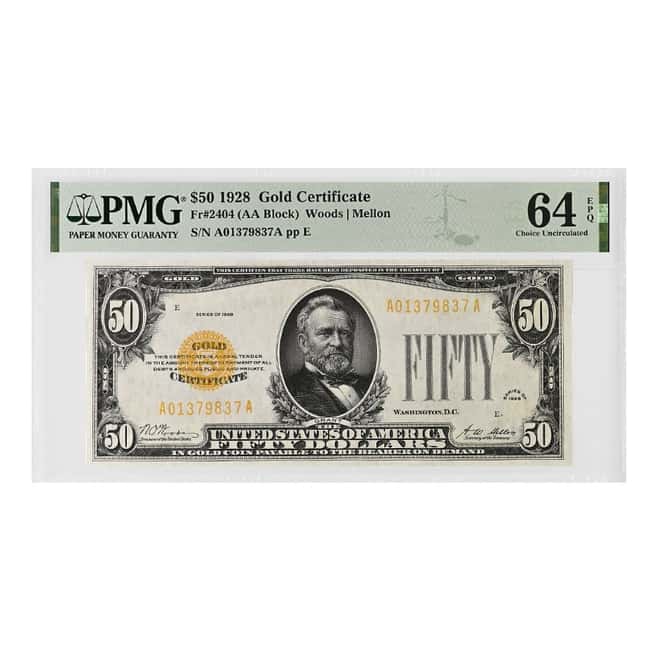 1928 $50 Gold Certificate Currency Note Woods Mellon PMG CU 64 EPQ