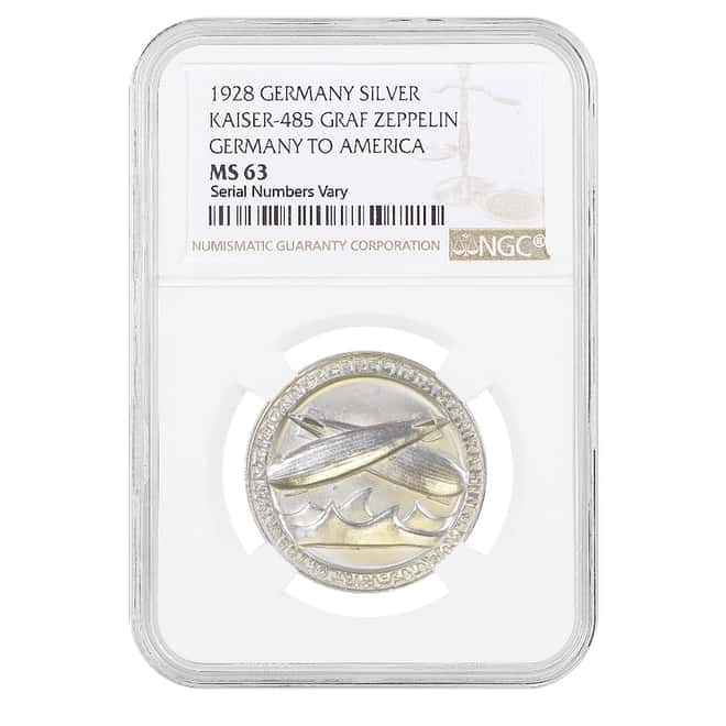 front 1928 Germany to America Graff Zeppelin Silver Medal NGC MS 63 min