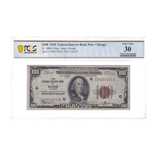 1929 $100 Federal Reserve Currency Note Chicago PCGS VF 30