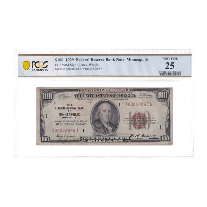 1929 $100 Federal Reserve Currency Note Minneapolis PCGS VF 25