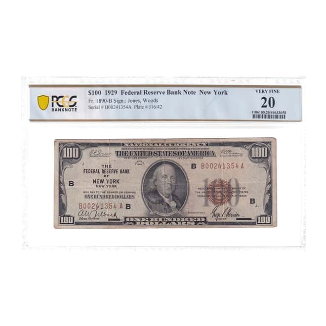 1929 $100 Federal Reserve Currency Note New York PCGS VF 20 (Partial Ink Stamp)