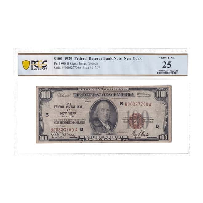 1929 $100 Federal Reserve Currency Note New York PCGS VF 25 (Minor Rust, Light Pencil)
