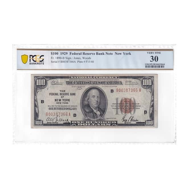 1929 $100 Federal Reserve Currency Note New York PCGS VF 30