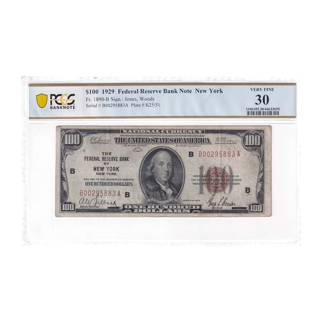 1929 $100 Federal Reserve Currency Note New York PCGS VF 30 (Partial Ink Stamp)