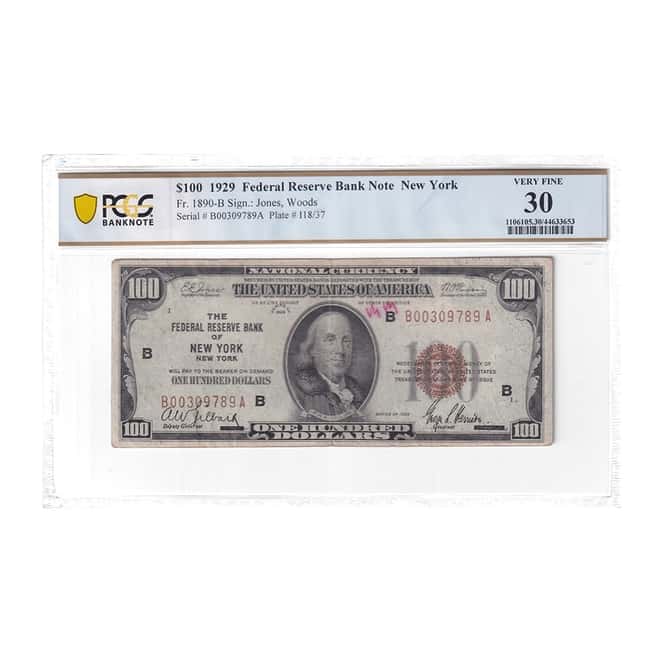 1929 $100 Federal Reserve Currency Note New York PCGS VF 30 (Writing)