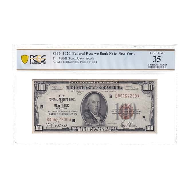 1929 $100 Federal Reserve Currency Note New York PCGS VF 35